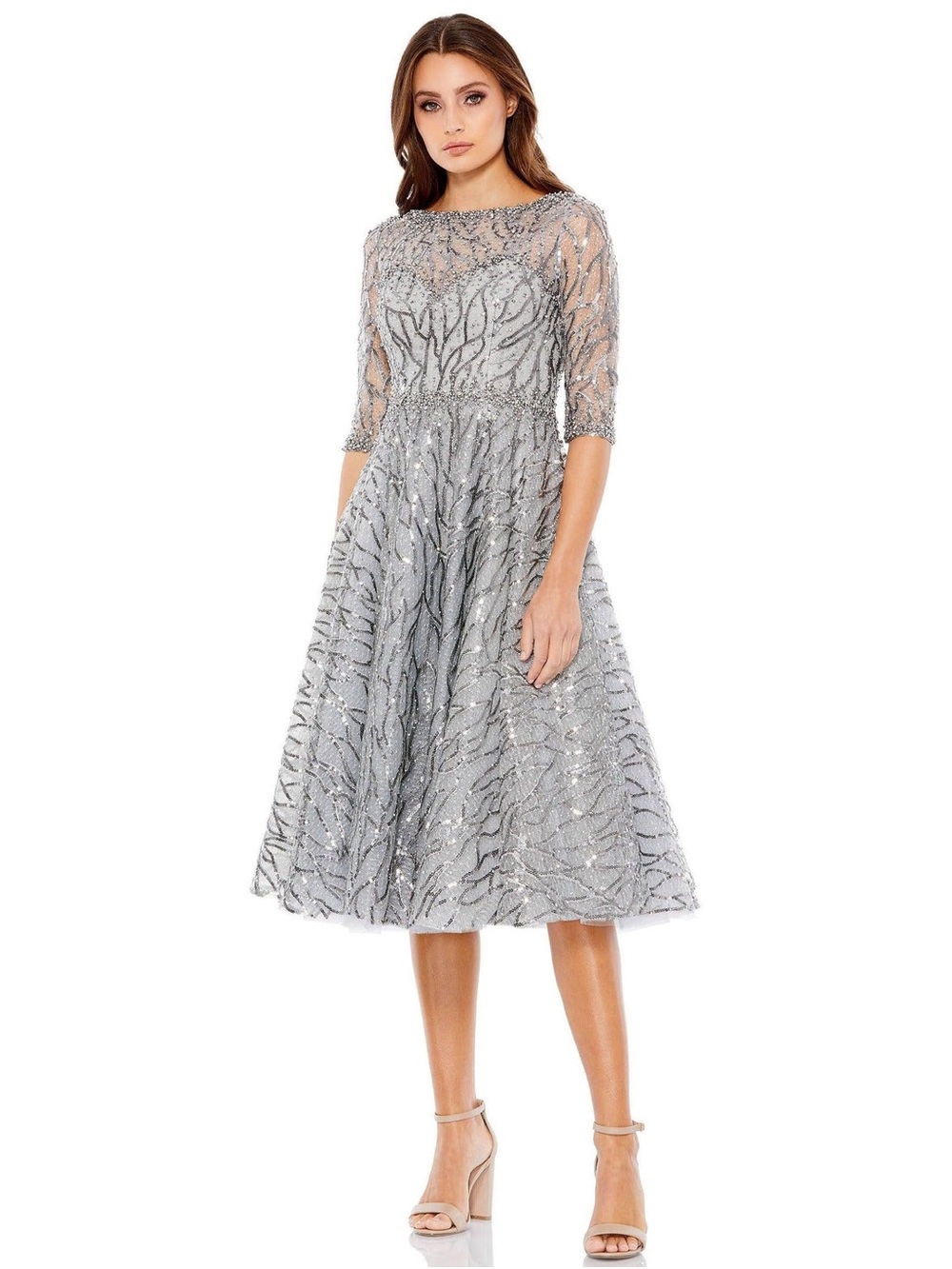 NWT; MAC DUGGAL 20252 High Neck Elbow Sleeve Embellished A Line Dress⭐️